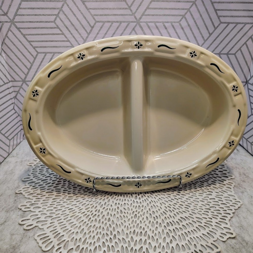 Longaberger Pottery Woven Traditions Ivory Heritage Green Divided Dish‎ 31615